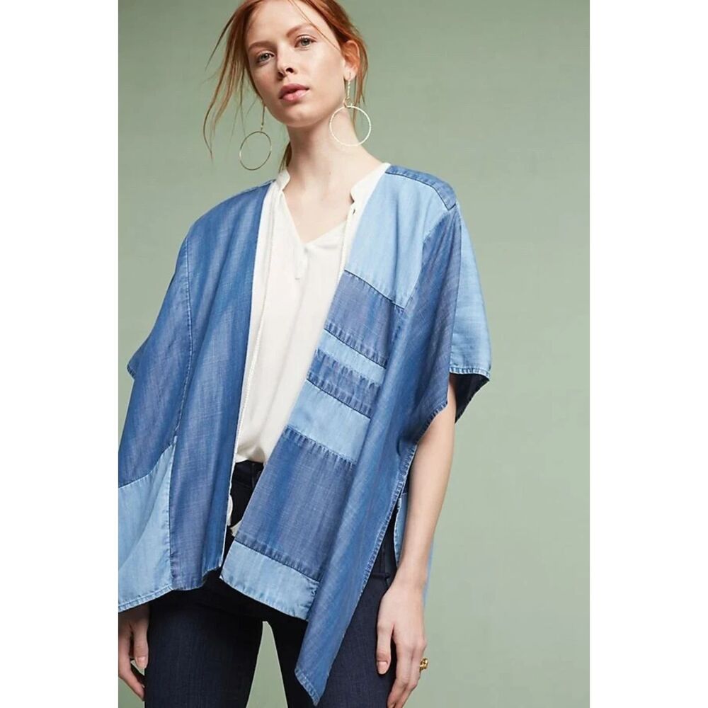 Cloth & Stone Anthropologie Patchwork Chambray Kimono Cardigan Open Front OS